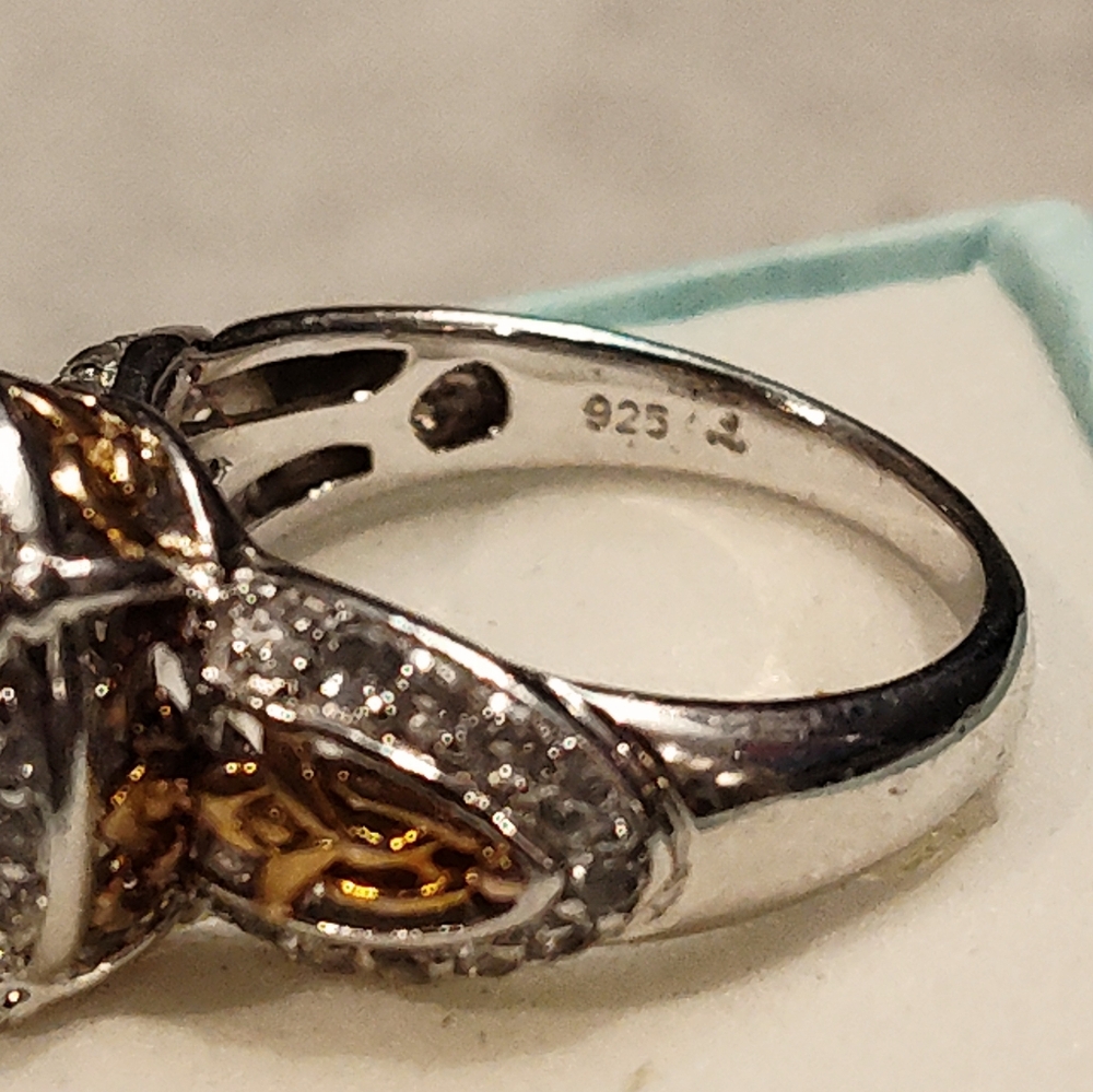 VINTAGE STERLING SILVER 2ct TANZANITE RING WITH DIAMOND CHIPS & 14K GOLD ACCENTS - Picture 14 of 16